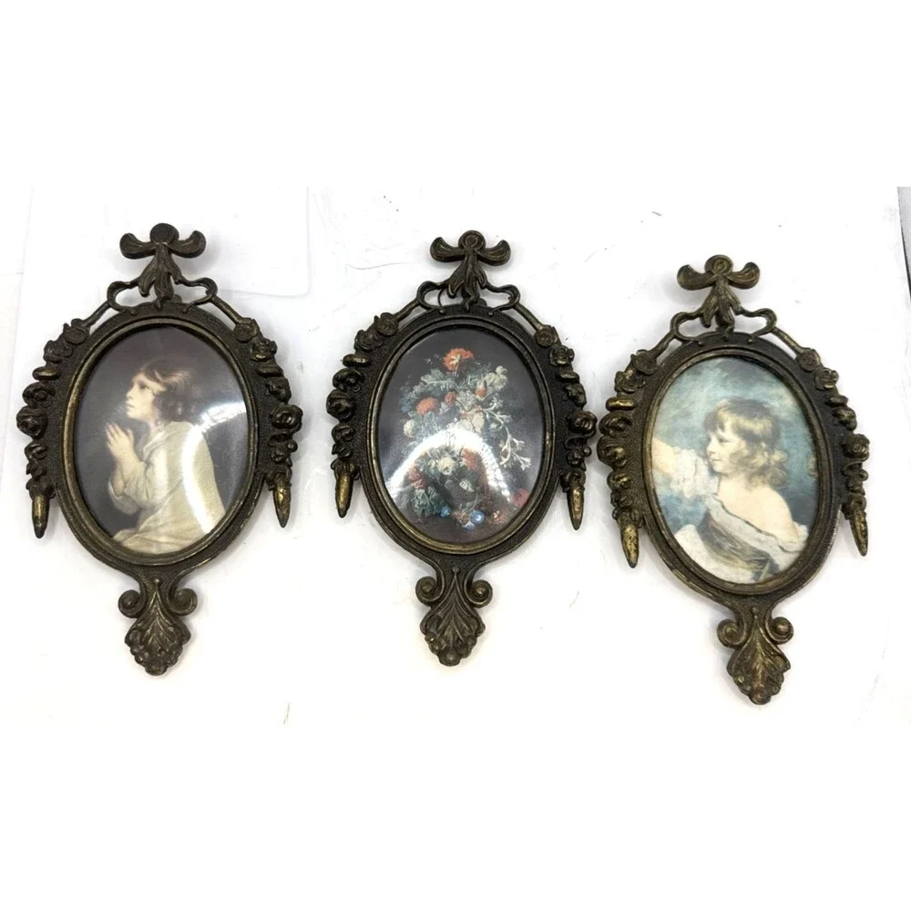3 Trio VTG Ornate Metal Frames Victorian Young Girl Praying/Waving 6.5” Italy